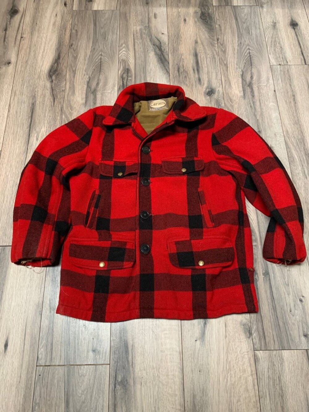 Carters Red & Black Buffalo Plaid Wool Vintage Hunting Jacket M Flaws Mackinaw-s
